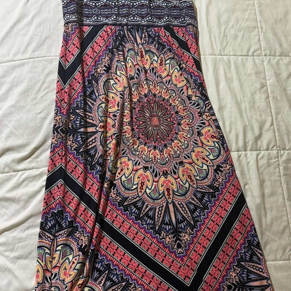 London Style Collection Boho Multicolored Maxi Halter Dress cinched waist Sz 18
